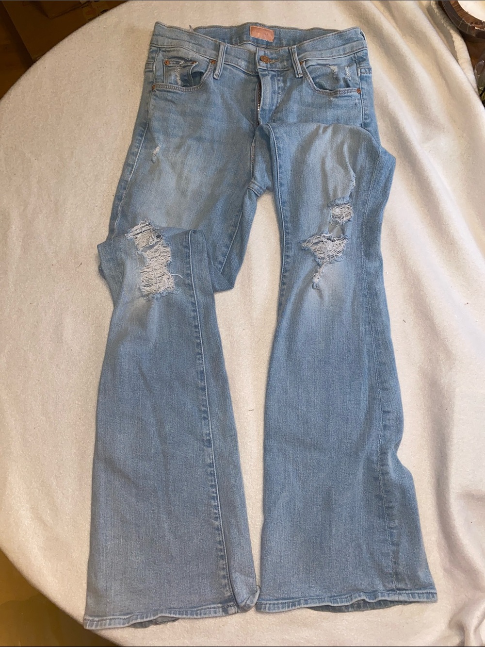 MOTHER Light Blue Distressed Flare Jeans